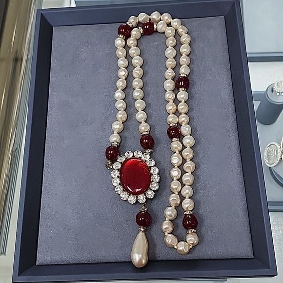 YSL Vintage Ruby Pearl Rhinestone Runway Sample Necklace - Picture 1 of 3